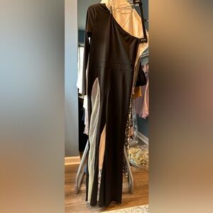 Black and White Ruched One Shoulder Bodycon Jumpsuit.